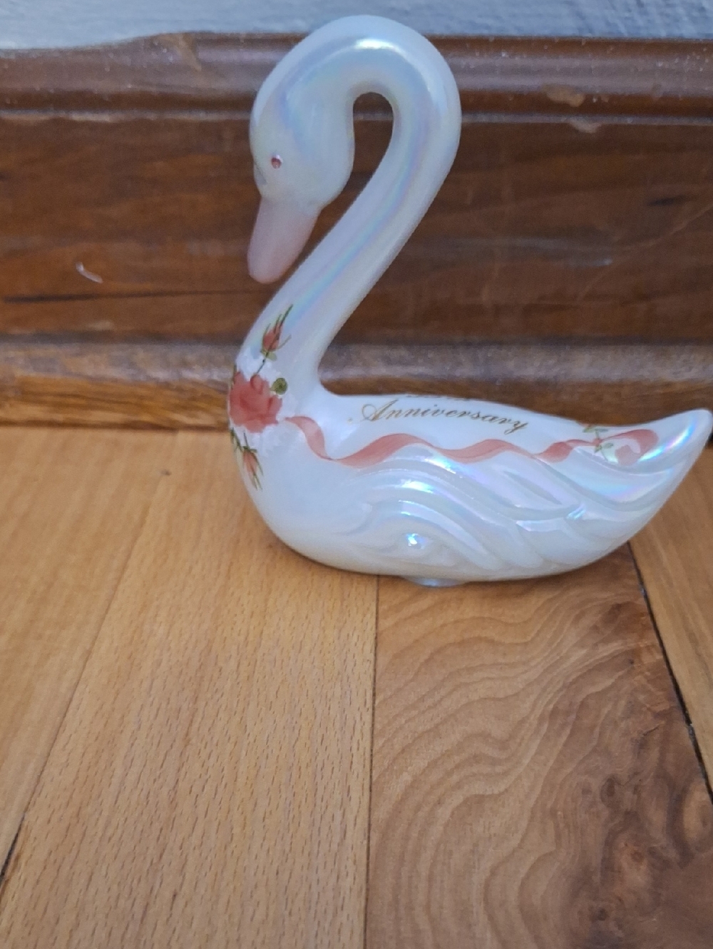 Fenton Iridescent White Swan Figurine with Pink Floral Accents